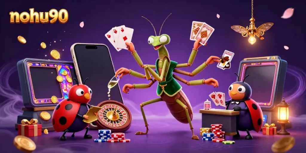 Experience the thrill of nohu90 casino with a dynamic 3D scene featuring unique casino characters and games.