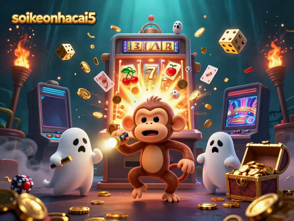 Experience thrilling wins at soikeonhacai5 with a mischievous monkey juggling gold in a haunted casino.