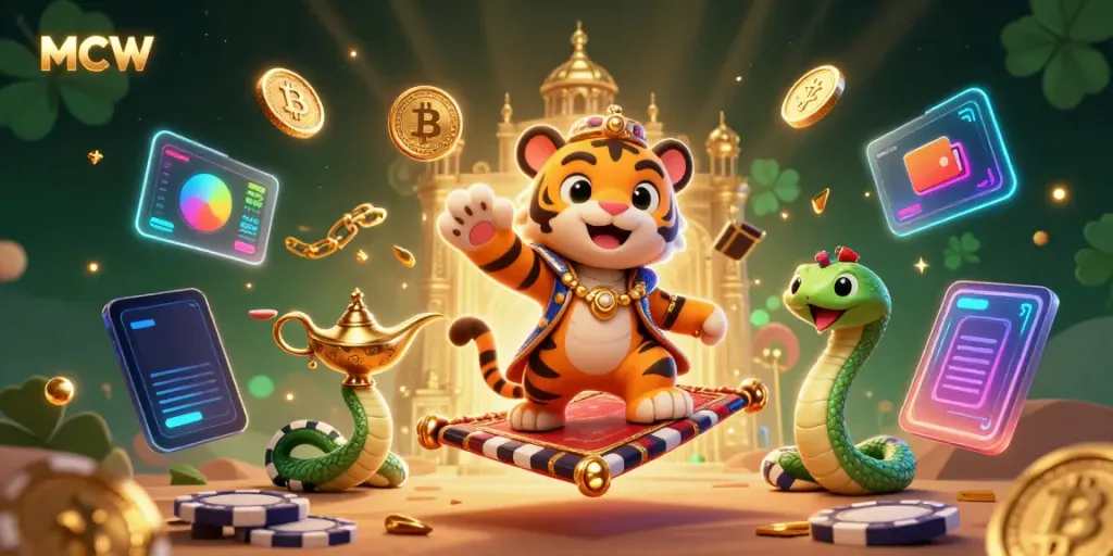 Experience the magic of MCW with a vibrant Arabian-themed casino scene featuring a tiger sultan on a poker chip carpet.