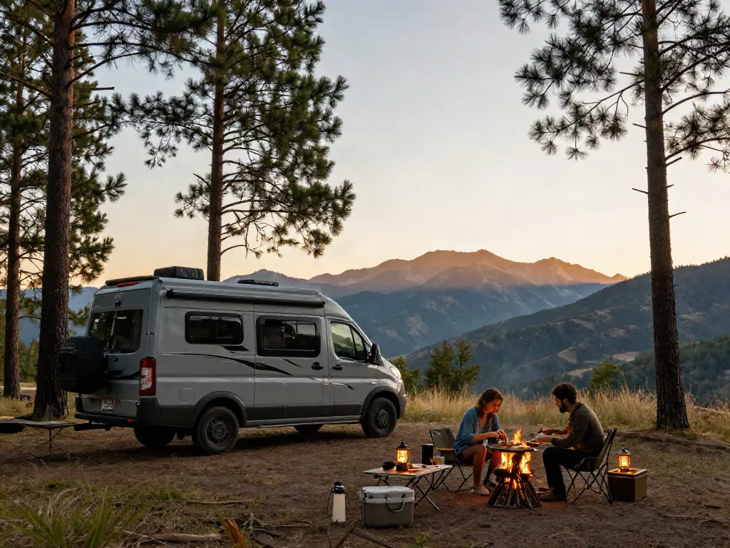 Couple at campsite with lithium battery for RV powering their setup amidst scenic mountains.