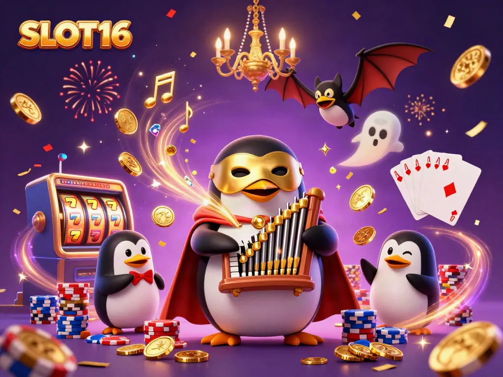 SLOT16 showcases a vivid casino scene with a cartoon penguin, golden coins, and a thrilling ambience.