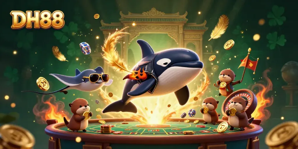 Experience thrilling gameplay at DH88 with a lively casino scene featuring dynamic characters and exciting elements.