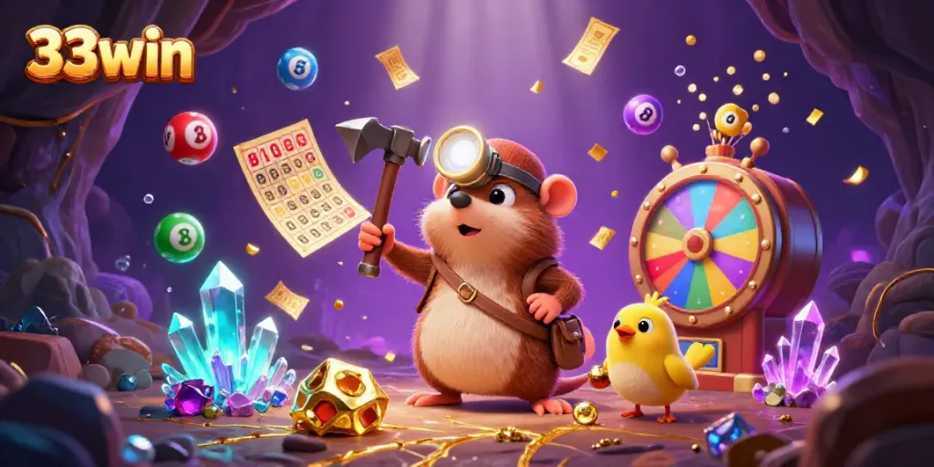 Experience thrilling fun at 33win with a vibrant scene of lottery elements, golden treasures, and excitement.