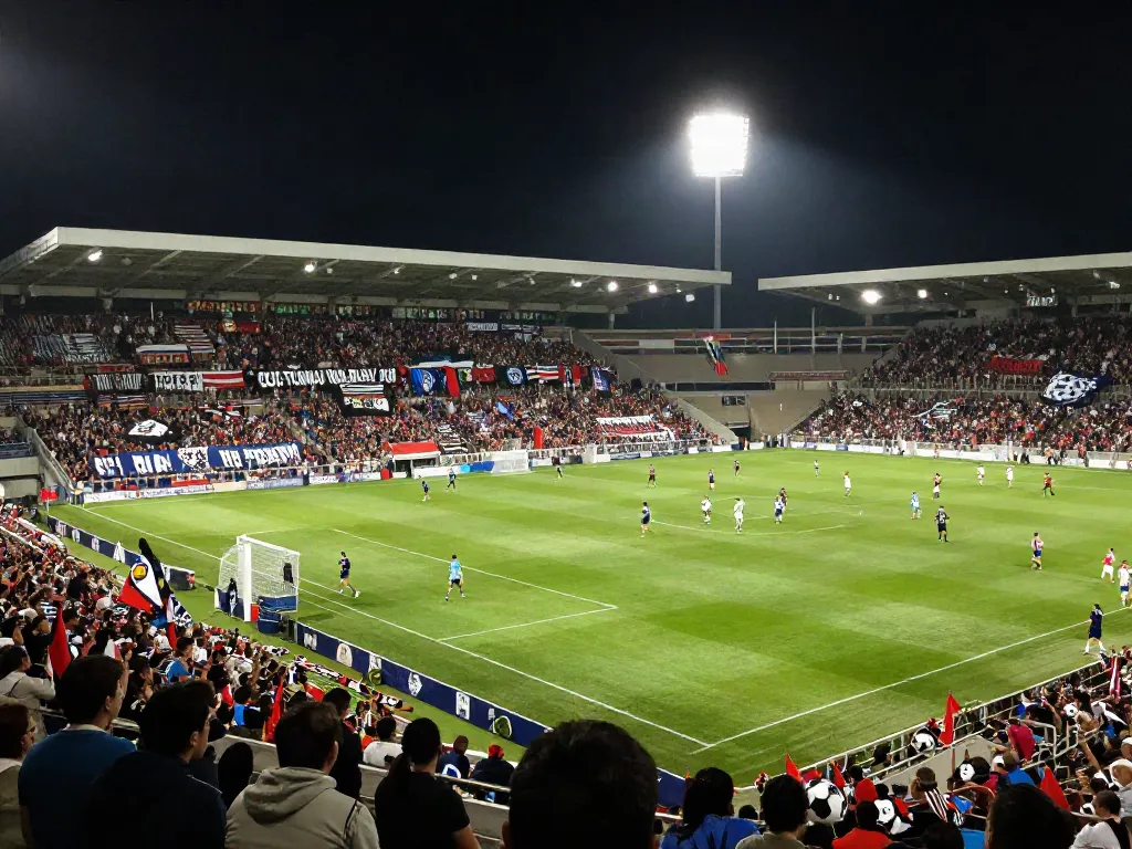 TOP10ตำนานนักเตะ in action at a football match, fans cheering under stadium lights.