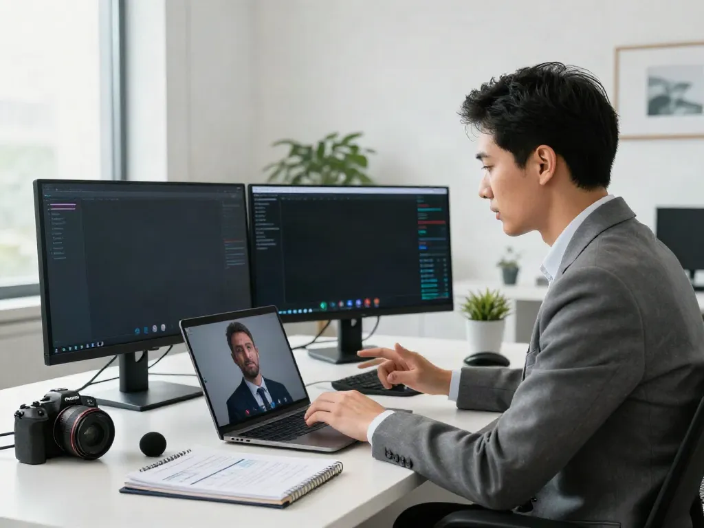 Deepfake protected online video calls in a modern office setting showcasing security features and a professional environment.