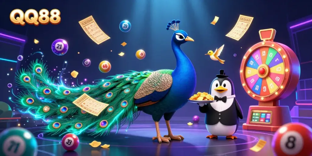 Engaging QQ88 online gaming illustration featuring a peacock, penguin butler, and hummingbird with vibrant lottery elements.