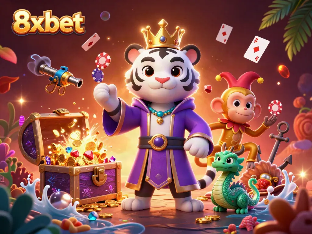 8xbet players enjoy a vibrant casino experience with an elegant white tiger and playful monkey.
